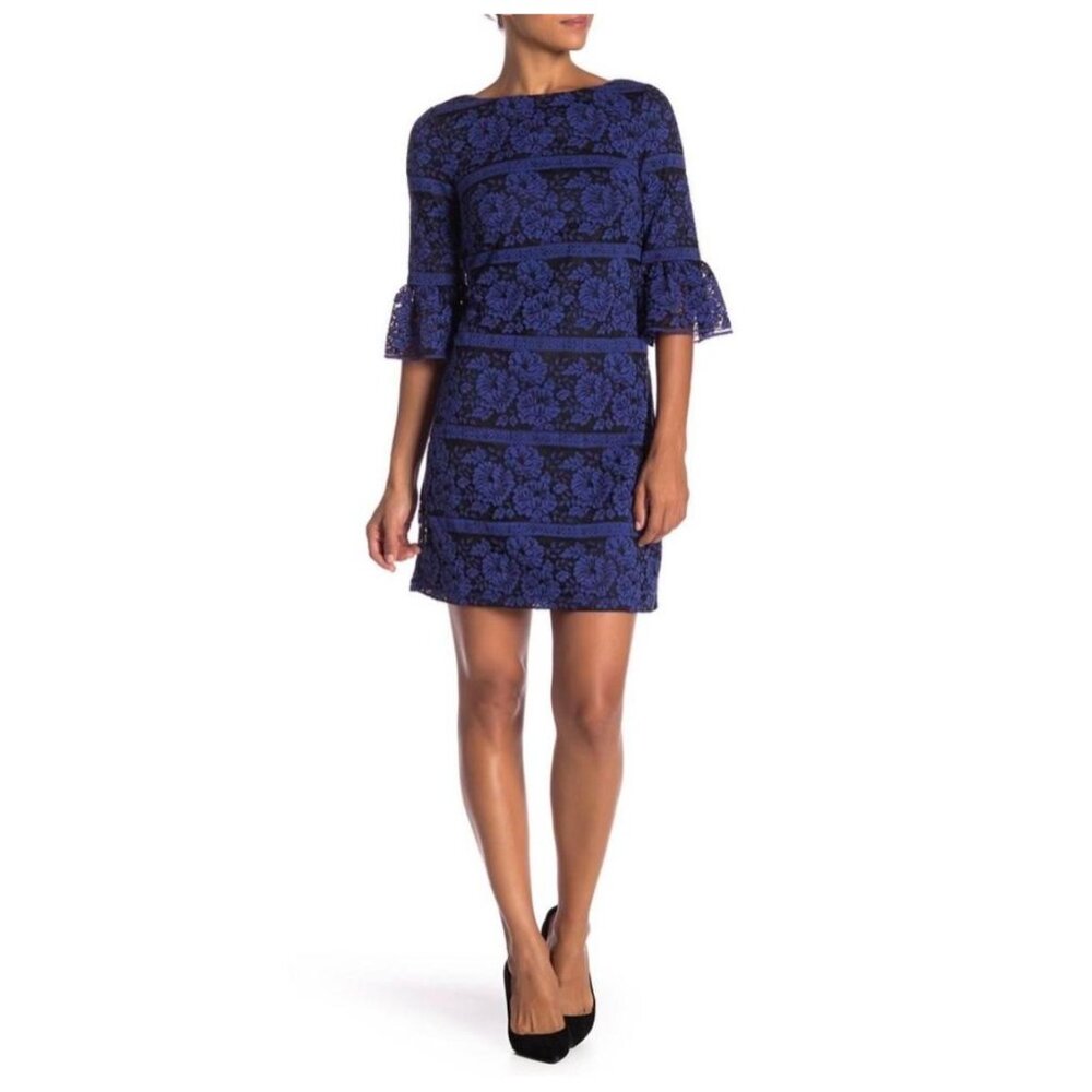 Eliza J Cobalt Blue Floral Lace Shift Dress with Bell Sleeves